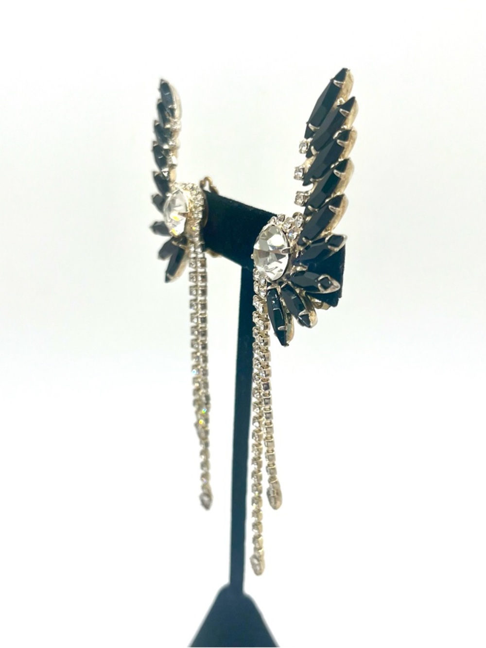 vintage black rhinestone wing dangle clip earrings statement fringe. 1980’s - Picture 3 of 8